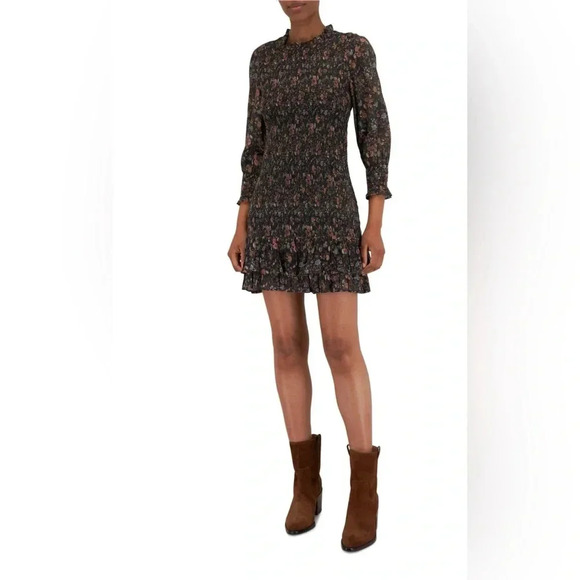 VERONICA BEARD Farha Floral Black Multi Smocked Mini Dress Size 10  $398 - Picture 3 of 6